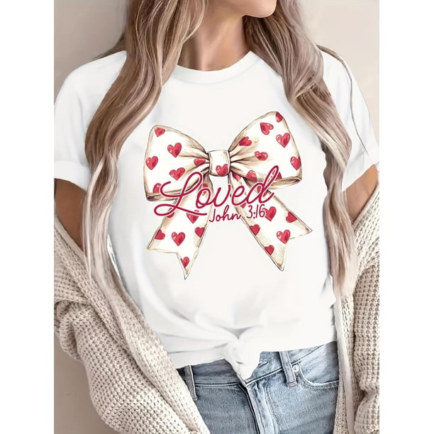 Valentine's Day "LOVE" Bow Graphic Women's T-Shirt - Casual Plus Size, Short Sleeve, Round Neck, Comfortable Loose Fit, Polyester, Machine Washable Tee For Adult, Men, Women, Teen, Teenager, Adolesce