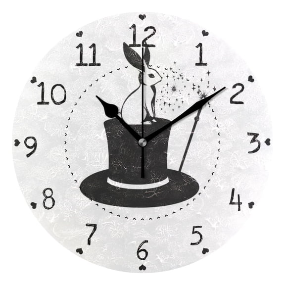 Magic Hat Rabbit Round Wall Clock Silent Analog Battery Operated Black Pointer Home Decor 9.84" Diameter