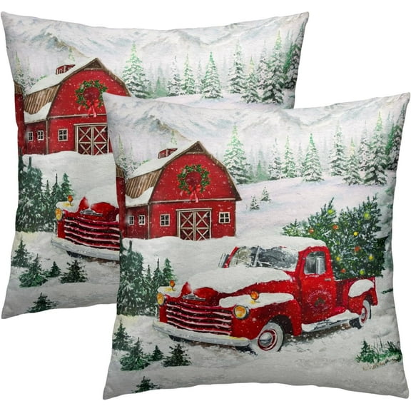 Winter Red Truck Throw Pillow Covers 20x20 Inch Christmas Tree Pillowcase Set of 2 Holiday Decorative Cushion Cover for Sofa Couch Home Car