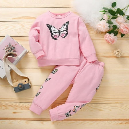

Toddler Baby Boy Girl Butterfly Print Pullover Clothes Sets Long Sleeve Sweatshirt Tops+Long Pants Two Piece Outfit