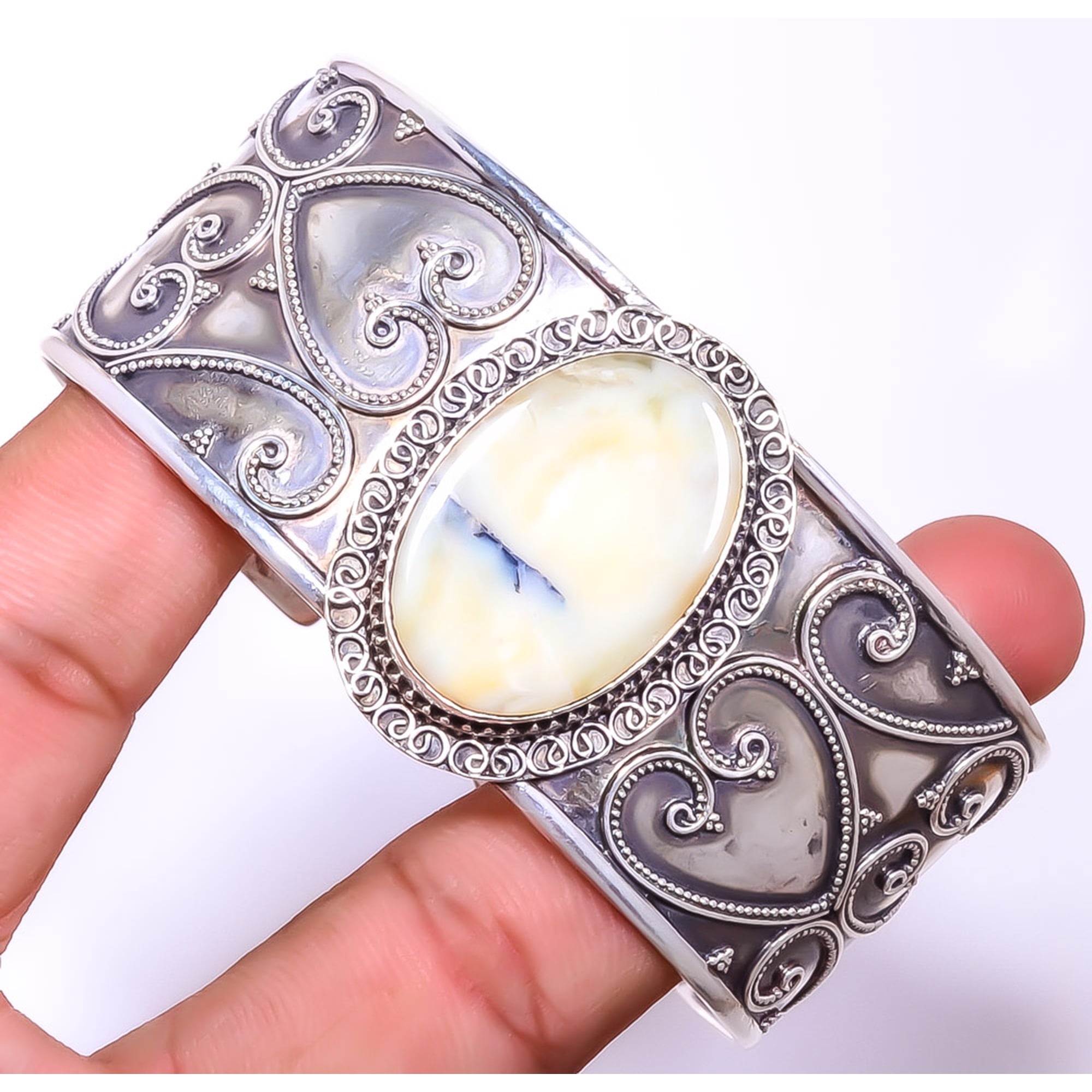 Dendritic Opal Gemstone 925 Sterling Silver Bali Cuff Adst. T996 TC3367-31 A334, Christmas Sale, Birthday Gift, Beautiful Jewelry For Woman