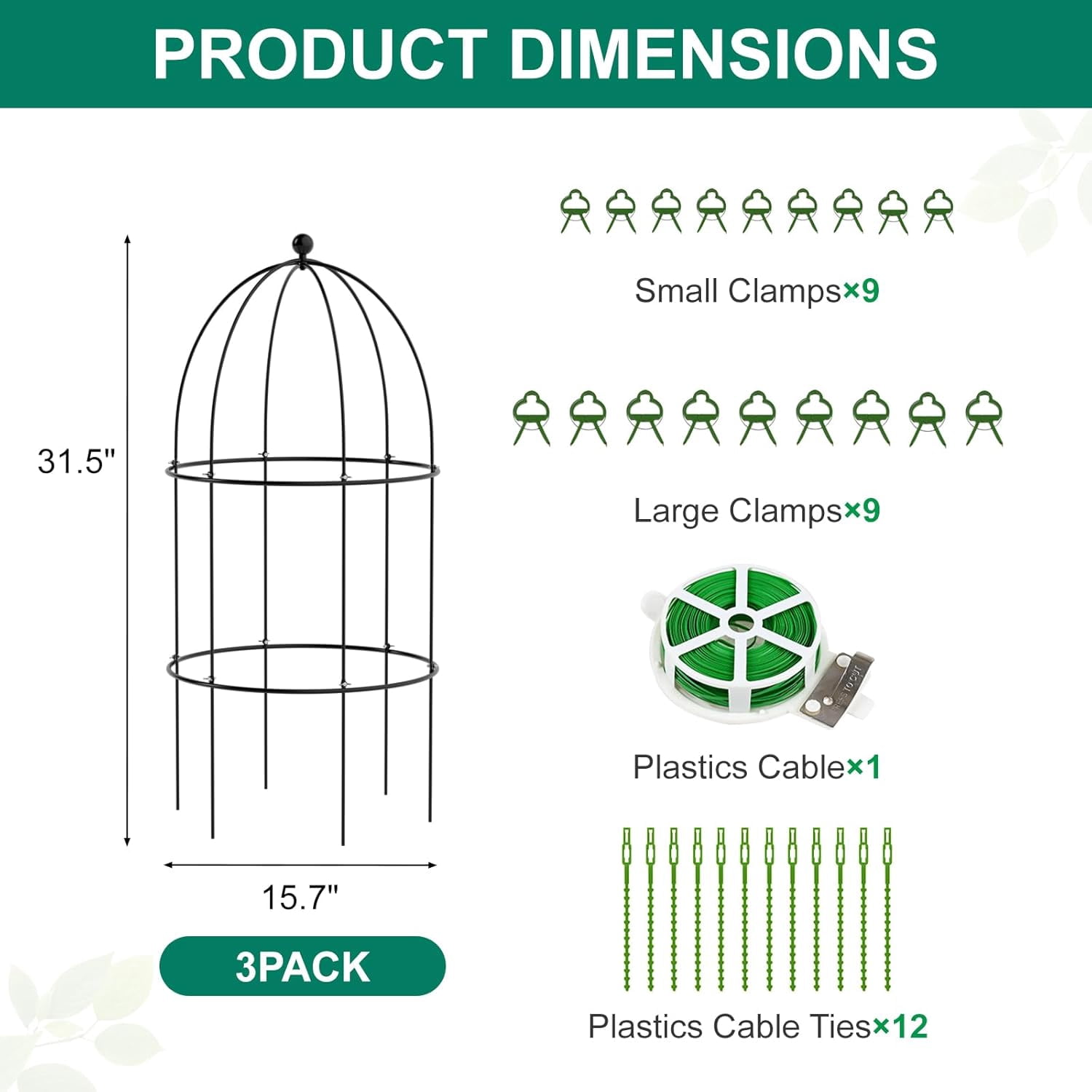 ABORON 3 Pack Garden Trellis for Climbing Plants, 15.7" x 31.5" Metal Rustproof Tomato Cage, Outdoor Indoor Flowers Potted Obelisk Trellis for Cucumber Vine Peony Lily Rose Plant Support
