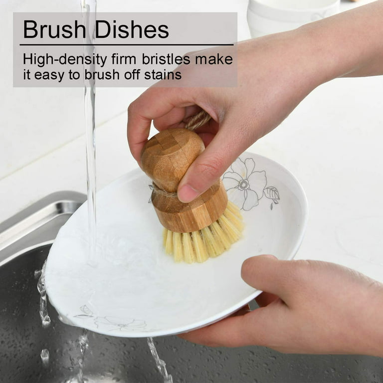 3 Pcs Dish Brush Bamboo Dish Scrubber Kitchen Scrub Brush for Cleaning Dishes, Pots, Pans, Sink and Vegetables