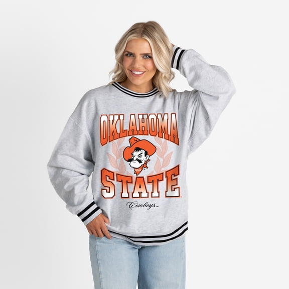 Women's Gameday Couture Ash Oklahoma State Cowboys Oversized Fade Route Ringer Stripe Sweatshirt