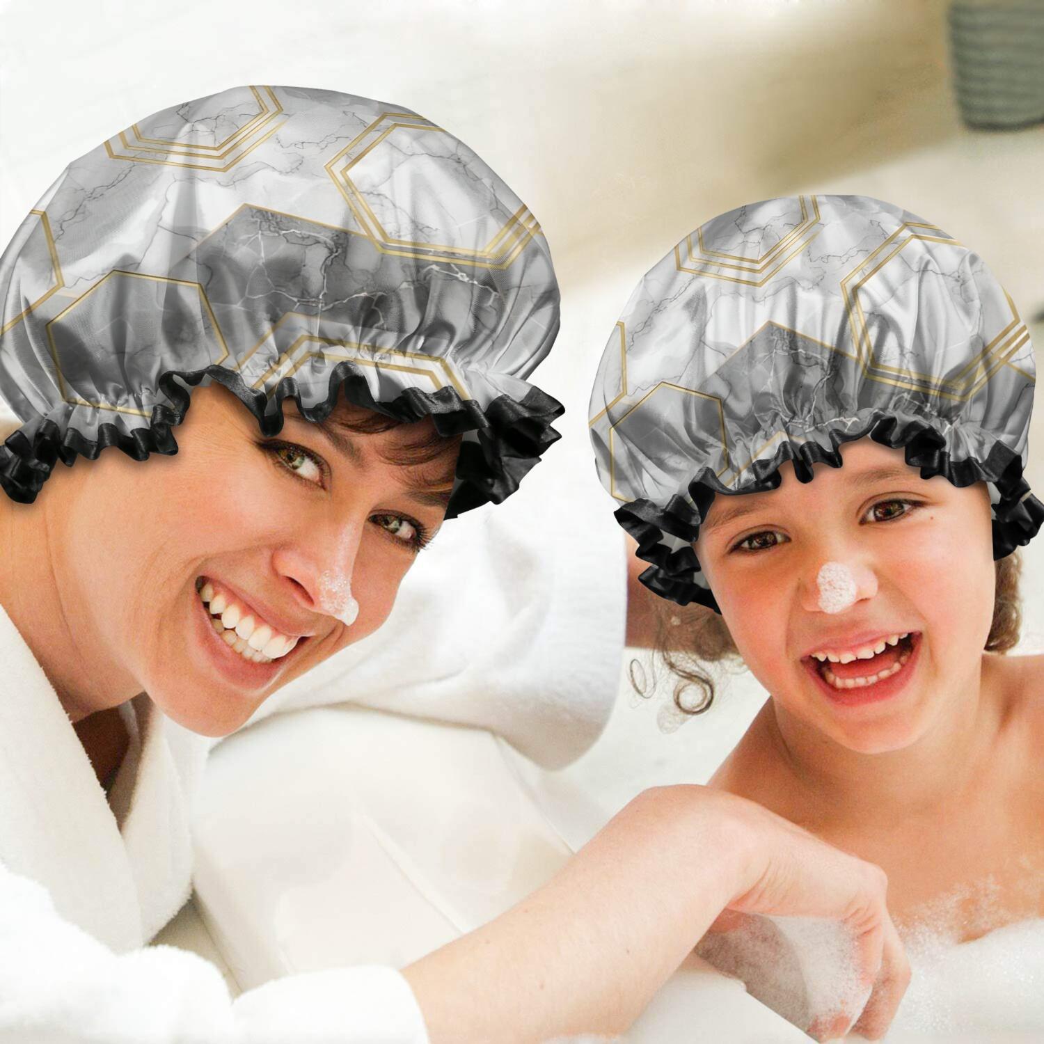 Shower Caps,Gray Marble Gold Hexagon Pattern Waterproof Shower Cap for Women 4 Pieces,Double Reusable Hair Cover for Shower PEVA Elastic Stretch Hem