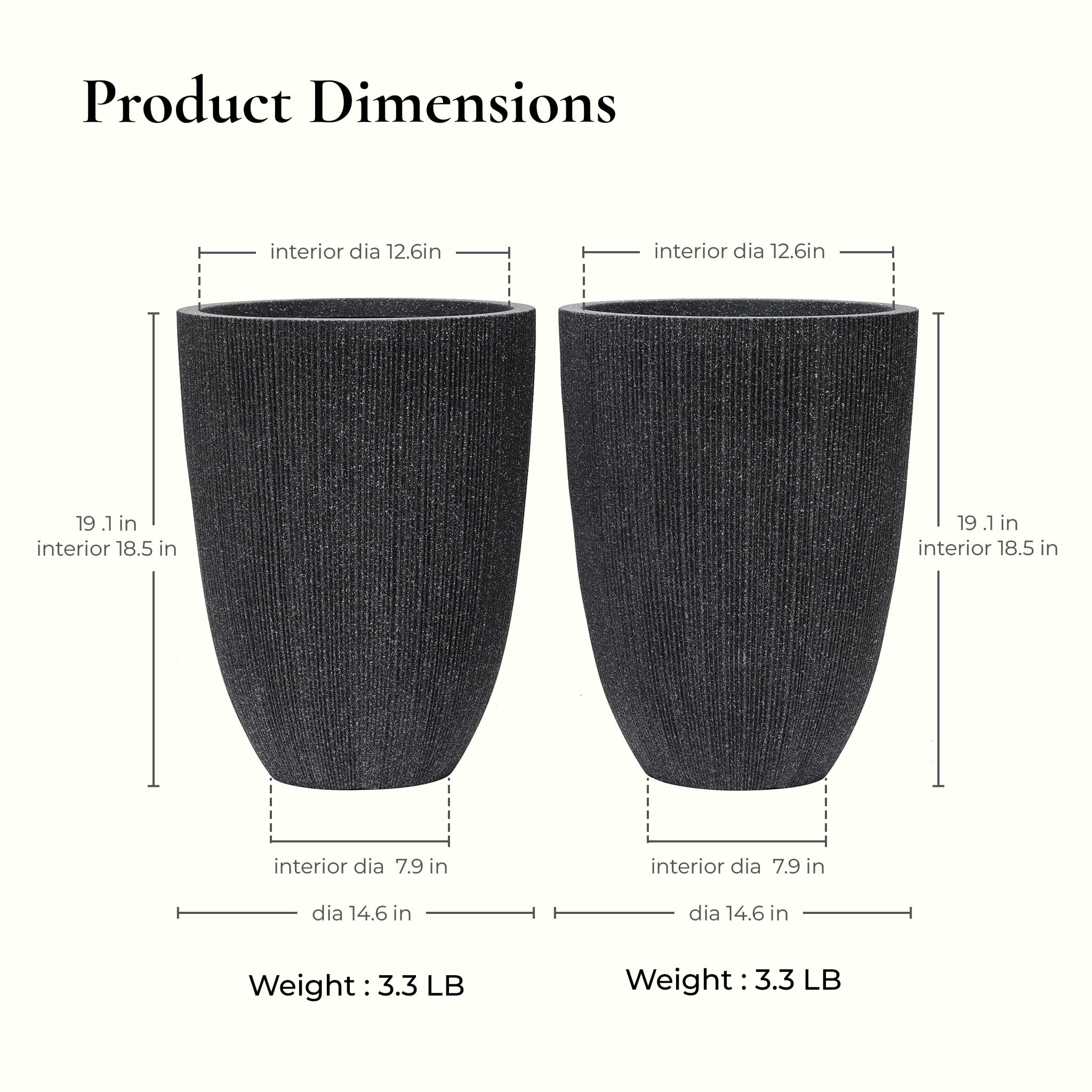 LuxenHome 19.21"H Tall Planters, Set of 2 Black Large Indoor Outdoor Plant Pots Plastic Flower Pots