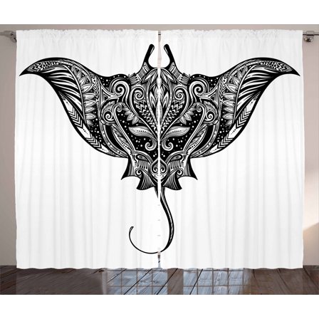 Ambesonne Boho Curtains 2 Panel Set, Cramp Fish Style, 108" x 84", Black and White