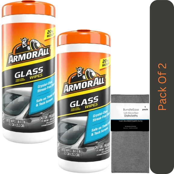Armor All Glass Cleaner Wipes for Vehicles, Ammonia-Free, 30 Ct, with Microfiber Solid Color Towel by BundleEase