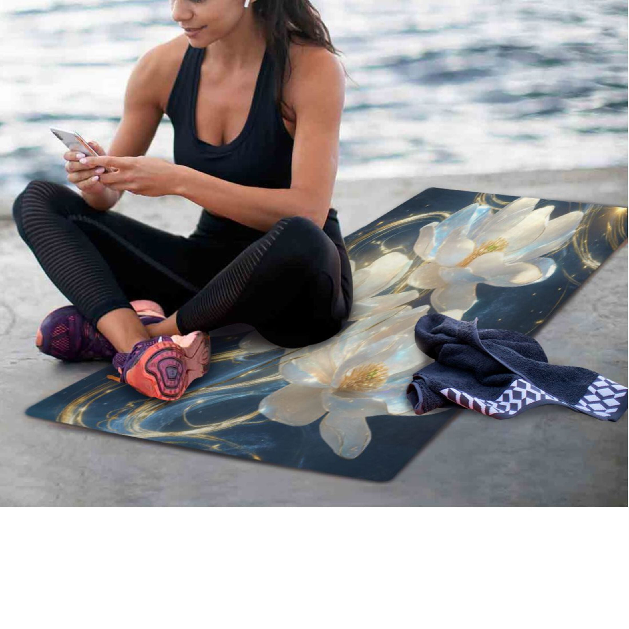 BZSMCE Yoga Mat Women Fitness Mat White Lotus with Golden Aura Pattern