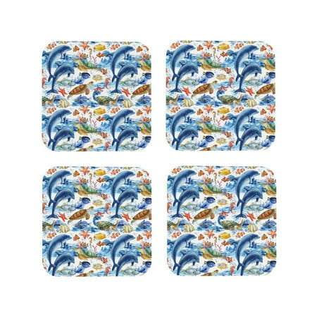 

Coasters Set of 4 - Marine Animals Drink Coasters for Tabletop Protection Leather Coasters for Living Room Decor and Housewarming Gift Square