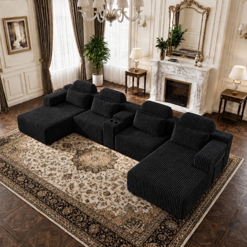 145.7 Inch Oversized U-Shaped Modular Sectional Sofa with Lounge Chaise, Cup Holders & Hidden Storage - Compression Sofa for Home Theater & Luxury Living Room, Black