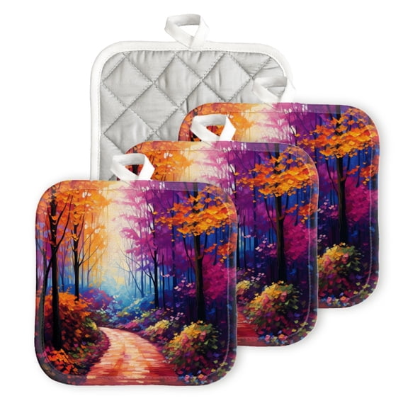 BaHomeck Pot Holders 4pcs dacron Made Square heat-resisting mat Machine Washable for Kitchen Oven Hot Pads 6.7inch*6.7inch,Colorful Forest With Trees And Leaves In Bright Colors