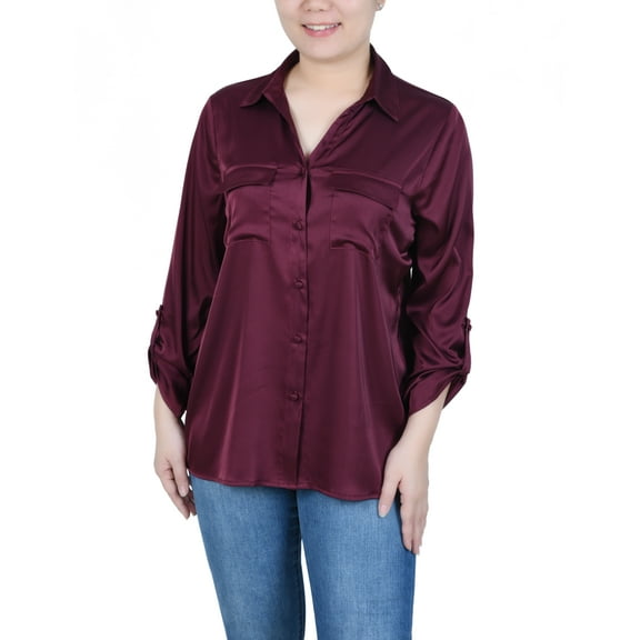 Petite 3/4 Sleeve Roll Tab Satin Blouse