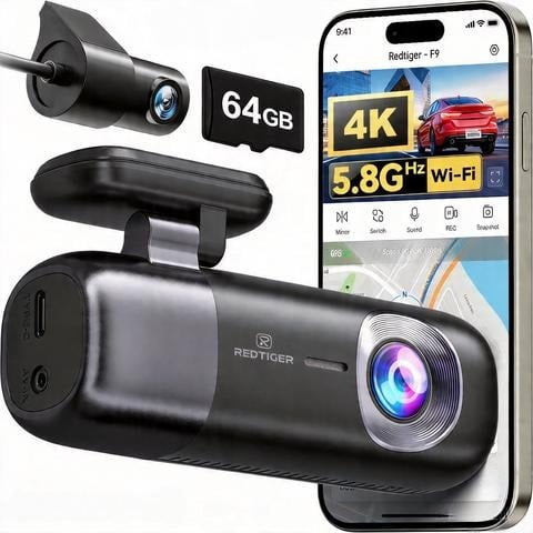 REDTIGER Dash Cam 4K Front and 1080P Rear , WiFi GPS Car Camera with 64GB SD Card, Loop Recording, Night Vision, Parking Mode, Smart App Control, Support 256GB Max