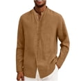 thumbnail image 2 of BiZtdJrK Mens Linen Vacation Tops Long Sleeve Solid Casual Button Stand Collar Summer Work Dress Shirts, Orange, XL, 2 of 7