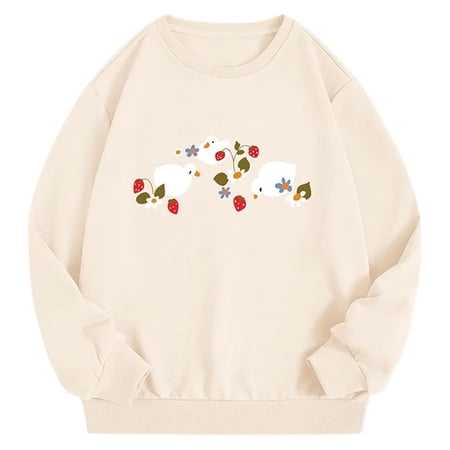 Tiweut Womens Casual Sweatshirts Top Cute Cartoon Doodle Print Long Sleeve Crew Neck Blouses for Ladies Beige 2XL