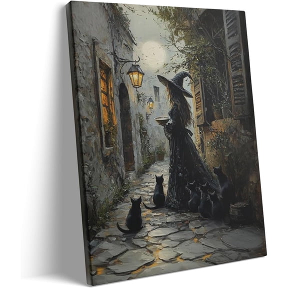 Vintage Gothic Witch Halloween Canvas Wall Art Framed 8 x10 Inch, Spooky Witchy Wall Decor, Halloween Picture for Living Room, Bedroom, Bathroom, Home Office, Ready to Hang