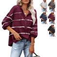 thumbnail image 4 of Blusa manga larga V cuello raya patrón botón cordón con capucha Casual Tops para Mujer, 4 of 6