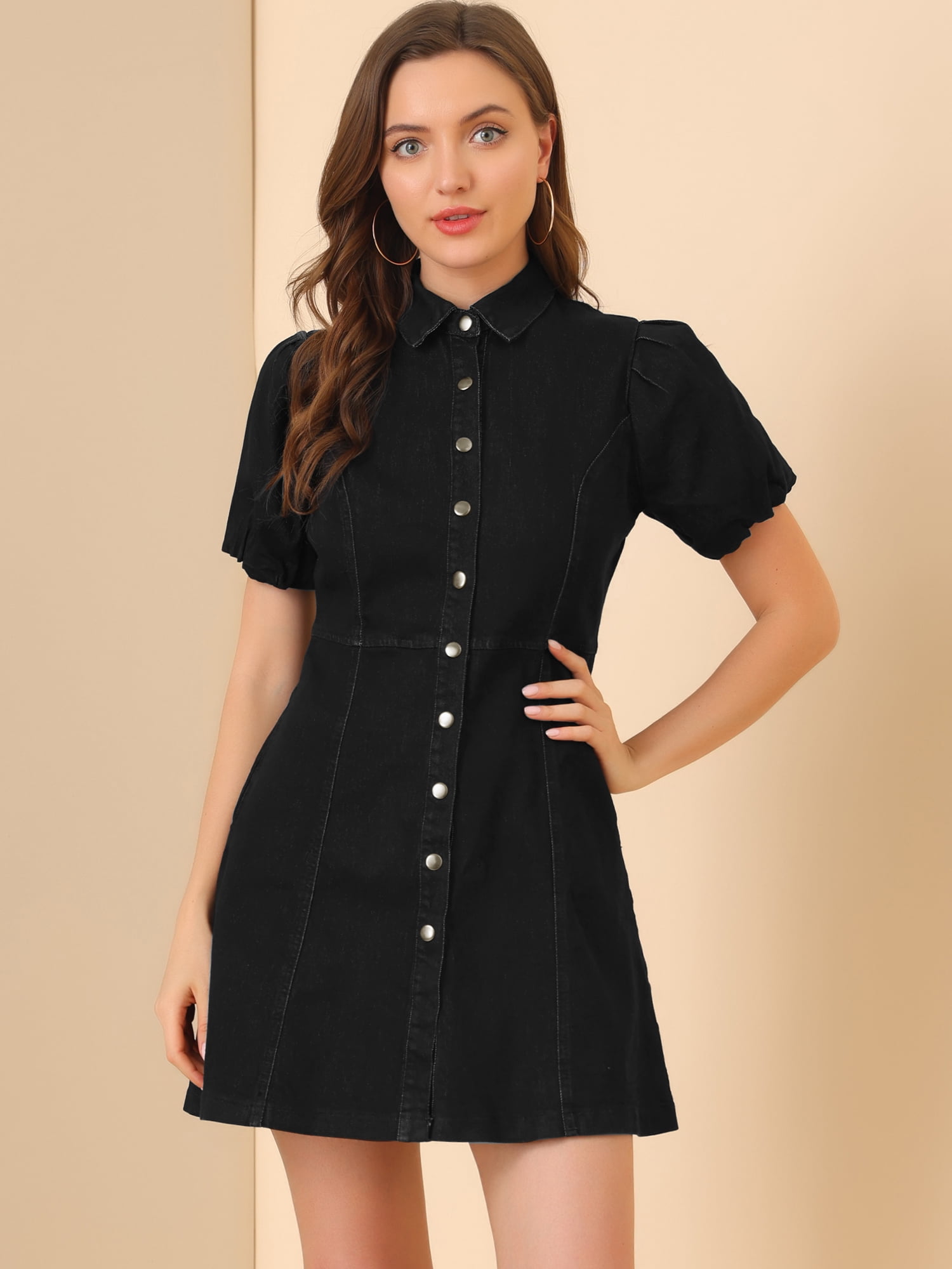 DARING DIVA Puff Short Sleeve Button Front Mini Jean Denim Dress 3XL Black