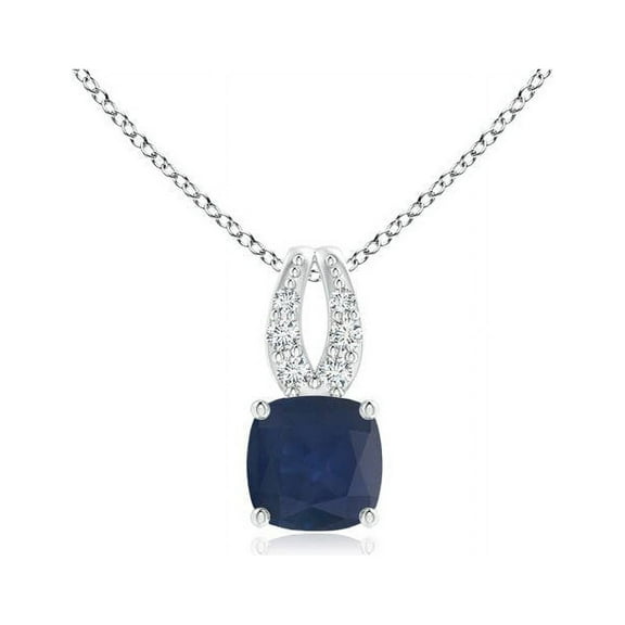 ANGARA Natural Cushion Blue Sapphire Pendant with Diamonds in 14K White Gold for Women (Size-4mm) | September Birthstone, Anniversary, Jewelry Gift for Women | Natural Blue Sapphire Necklace