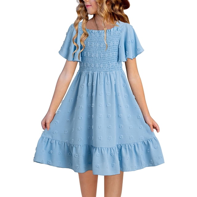 Vestido de verano bilbiano para niñas adolescentes con flor de chifón, talla 6 a 7 años