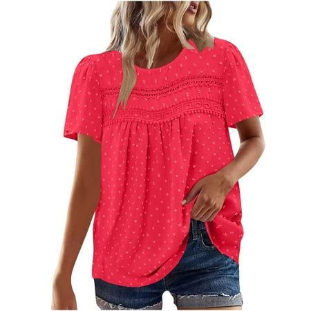 Mittory Womens Summer Short Sleeve Lace Crochet Blouses Flowy Babydoll Dressy Casual Work Tops