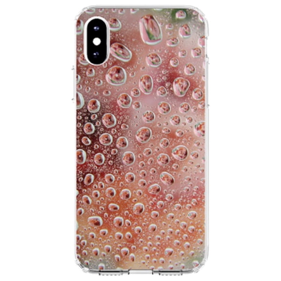 DistinctInk Clear Shockproof Hybrid Case for iPhone X / XS (5.8" Screen) - TPU Bumper, Acrylic Back, Tempered Glass Screen Protector - Red Water Droplets Glass