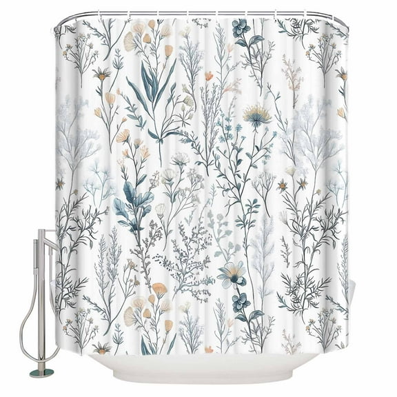 Small Stall Shower Curtain 36x72 Inch Narrow Half Size Blue Flower Bath Curtains Bathroom Decor Watercolor Floral Leaves Spring Botanical Waterproof Fabric Shower Curtain Set with Hooks 36 Inch