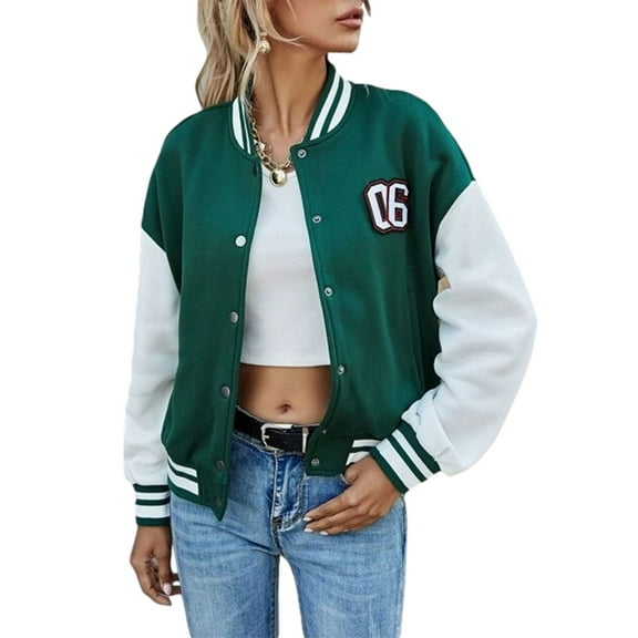 Women Bomber Jacket Long Sleeve Single-breasted Lettler Embroidery Baseball Coat Fall Winter Streetwear