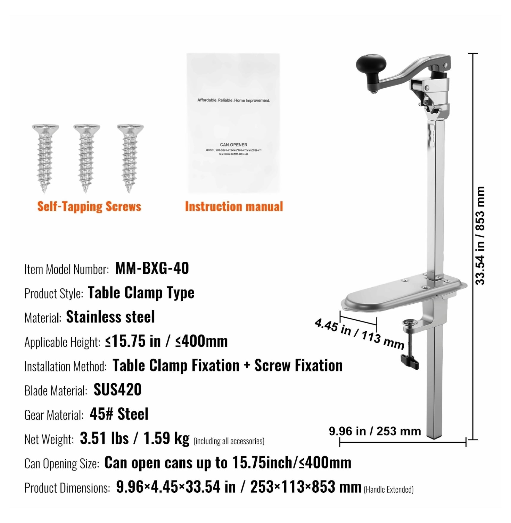 Commercial Can Opener - Heavy Duty Manual Tabletop Can Opener for Large Cans, Adjustable Height, Restaurant Hotel Kitchen Use