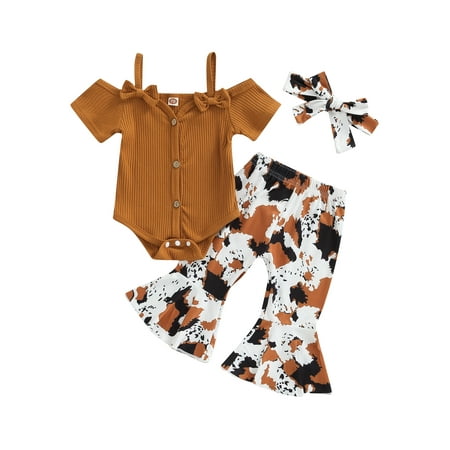 

Karuedoo Cow Print Bell Bottoms Baby Girl Off Shoulder Short Sleeve Romper Rib Knit Bodysuit Flare Pants Headband Outfit 0-6 Months