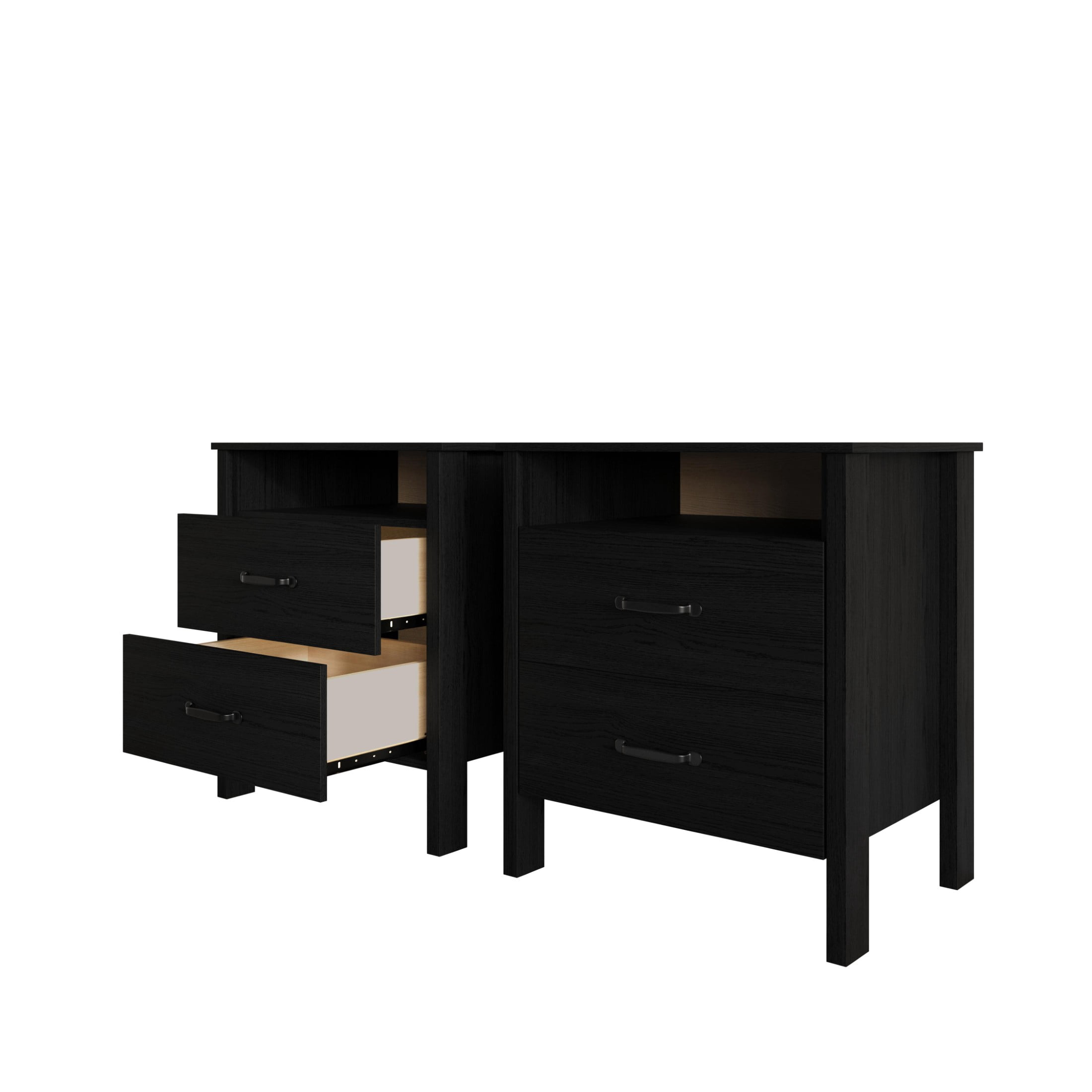 Home Design Alamosa Nightstand with Two Drawers and Open Shelf, Space-Saving Design, Black (Set of 2)