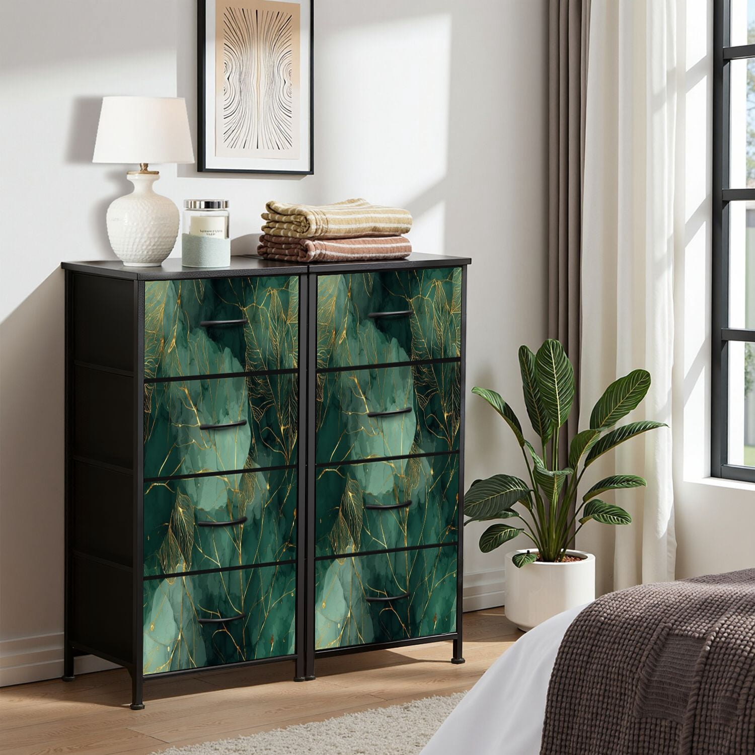 Vintage Dresser for Bedroom with 4 Storage Drawers Abstract Green Gold Botanical Leaves Watercolor Dressers Chest of Drawers Steel Framed Fabric Closet Organizers for Nursery Entryway