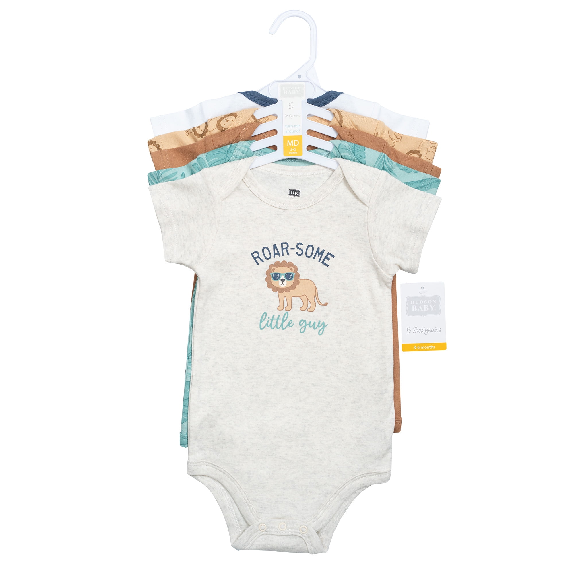 Hudson Baby Infant Boys Cotton Bodysuits 5-Pack, Roarsome Little Lion, 12-18 Months