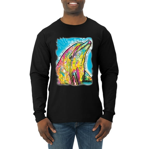 Wild Bobby Dean Russo Neon Colorfu Dolphin Animal Lover Men Long Sleeve Shirt, Black, Small
