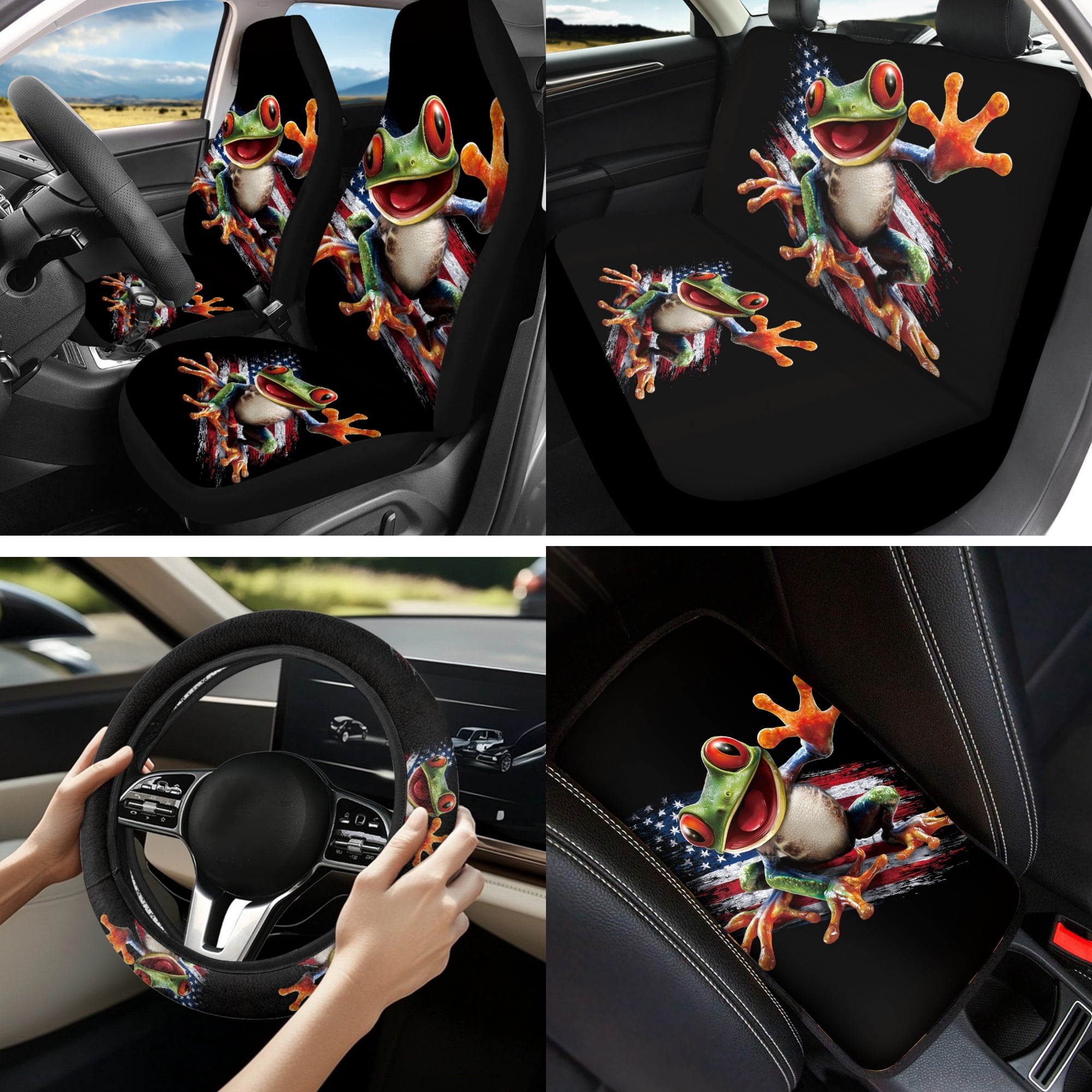 Jeiento Frog 13 Pcs Auto Seat Cover Sets Steering Wheel Cover Seatbelt Pad Universal Armrest Cover Pad Cup Holders American Flag Keychain Chapstick Holder for SUV Van Sedan Truck 4Th of July Decor