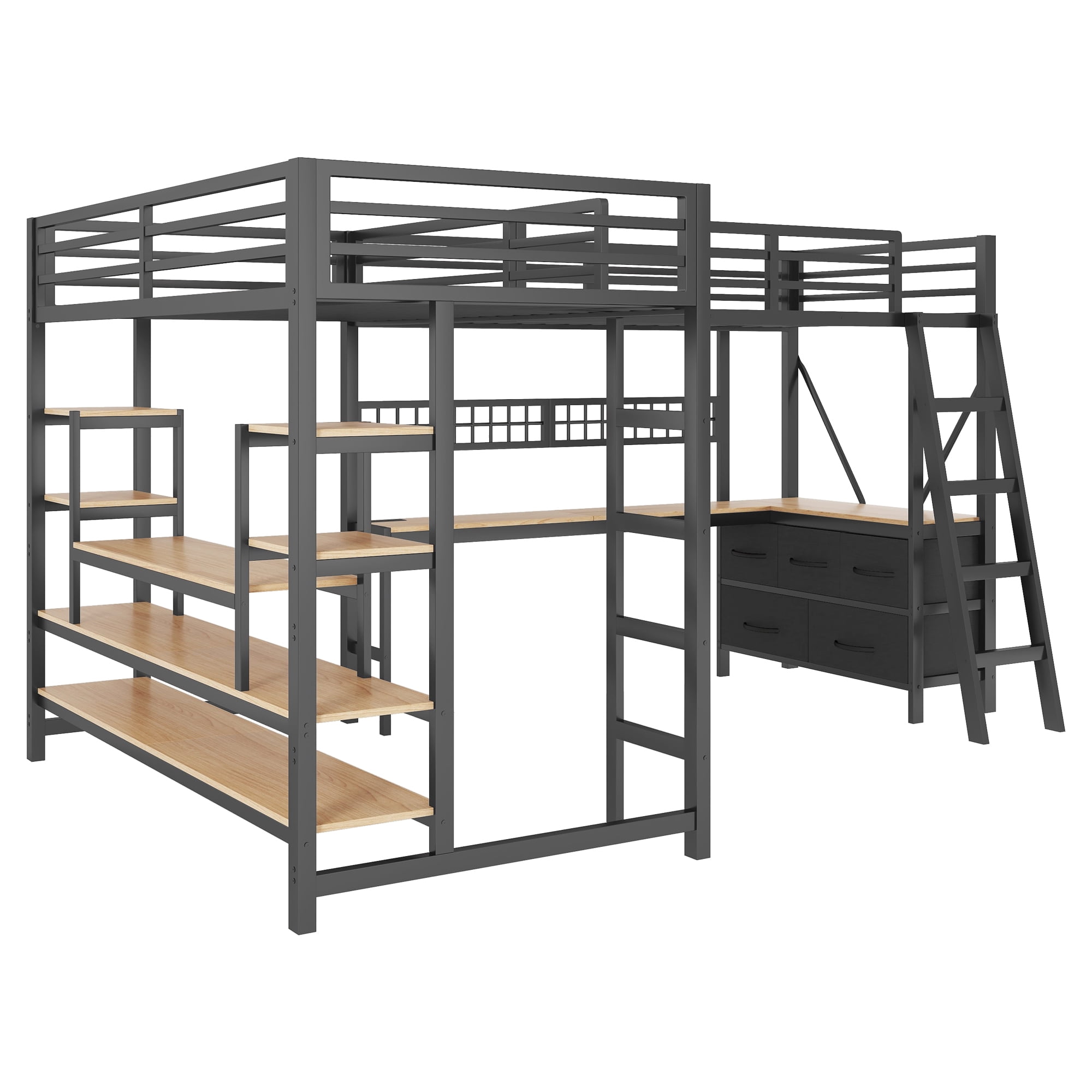 HOQBN L-Shaped Loft Bed Twin Size with 2 Built-in Desks and Show Shelves, Heavy Duty Metal Gaming Loft Bed with 5 Drawers, LED Lights, Charging Station and DIY Grid,Black