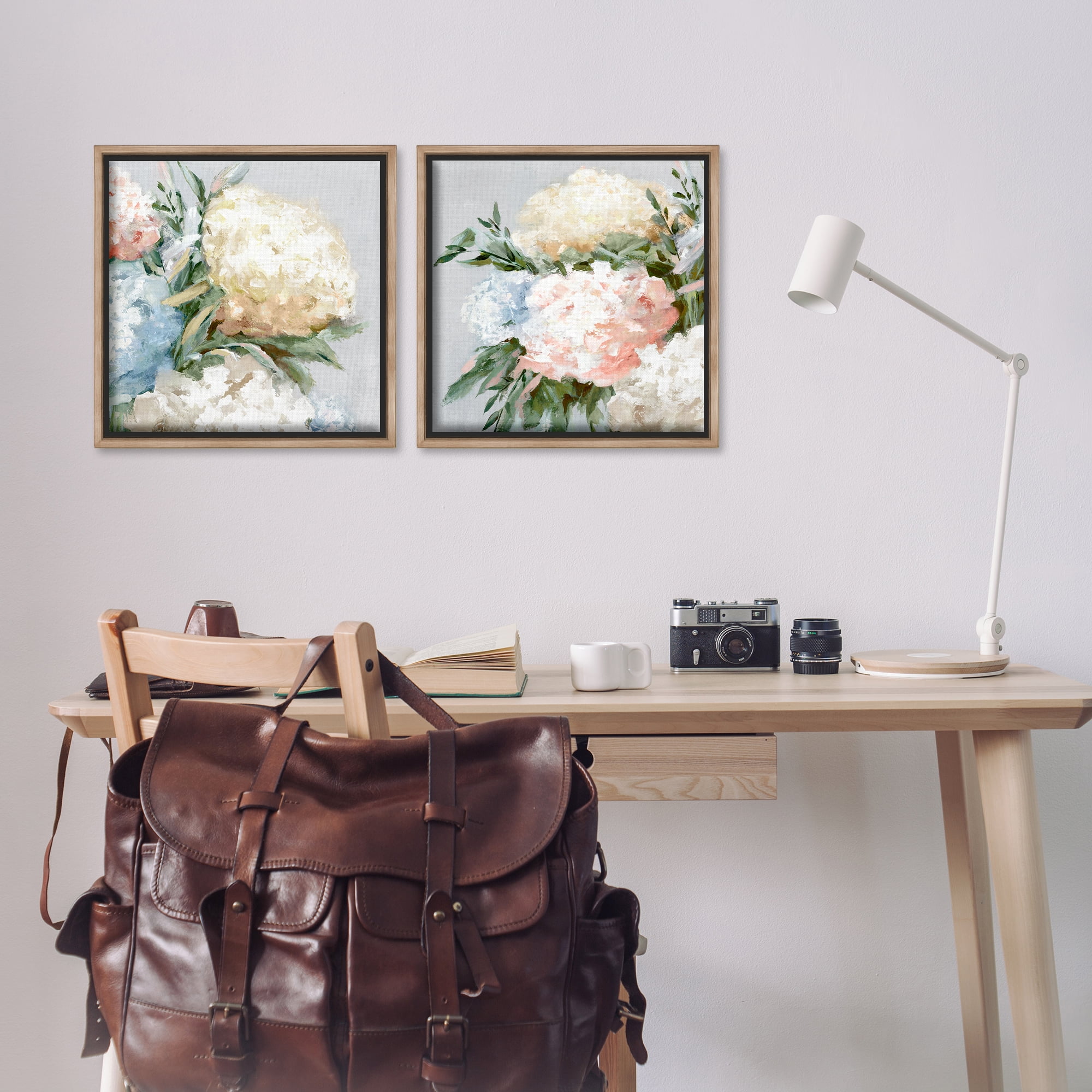 Stupell Industries Pastel Blooming Hydrangeas Plants & Flowers Painting Brown Floater Framed Canvas Art Print Wall Art, 18 x 18, Set of 2