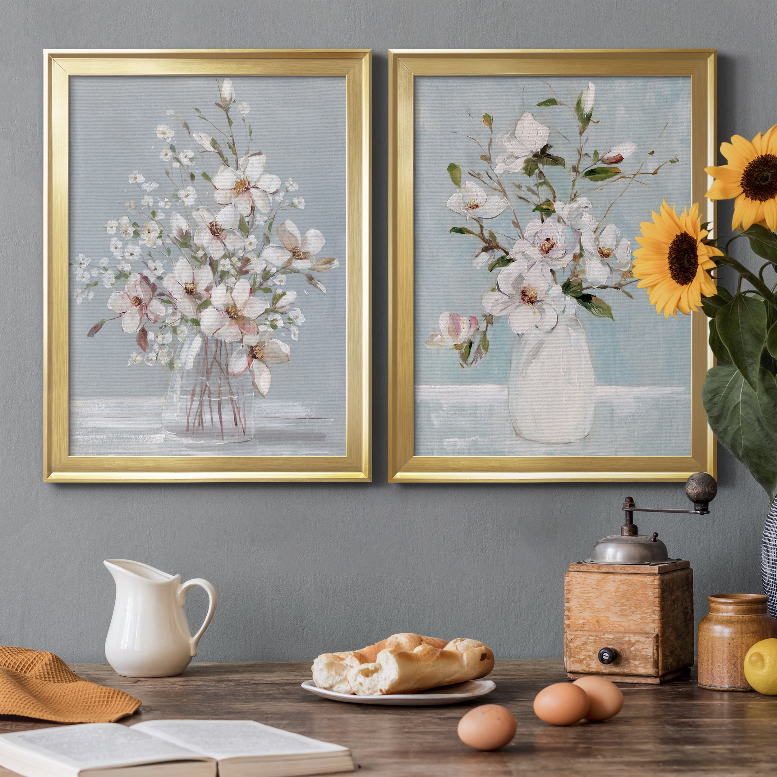 2 Piece Set Magnolia Romance Premium Framed Canvas - Ready to Hang - 22.5 x 30.5 Each - Gold Frame