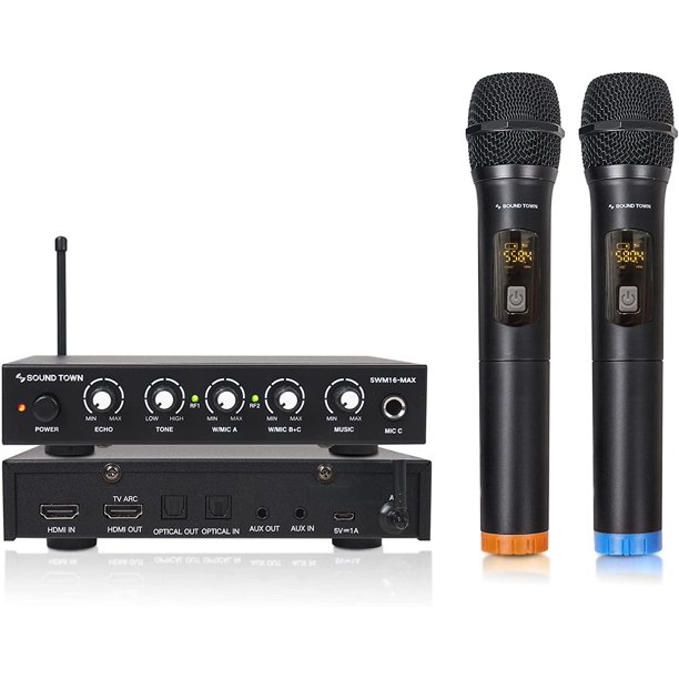 Sound Town Wireless Microphone Karaoke Mixer System with HDMI ARC, Optical (Toslink), AUX