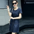 thumbnail image 4 of RYKJLWY Dresses for Women 2024 Fashion Women Summer Denim Loose O-Neck Short Sleeve Knee Length Dress Summer Dress Spring Dresses Summer Dresses for Women (Blue,XXL), 4 of 9