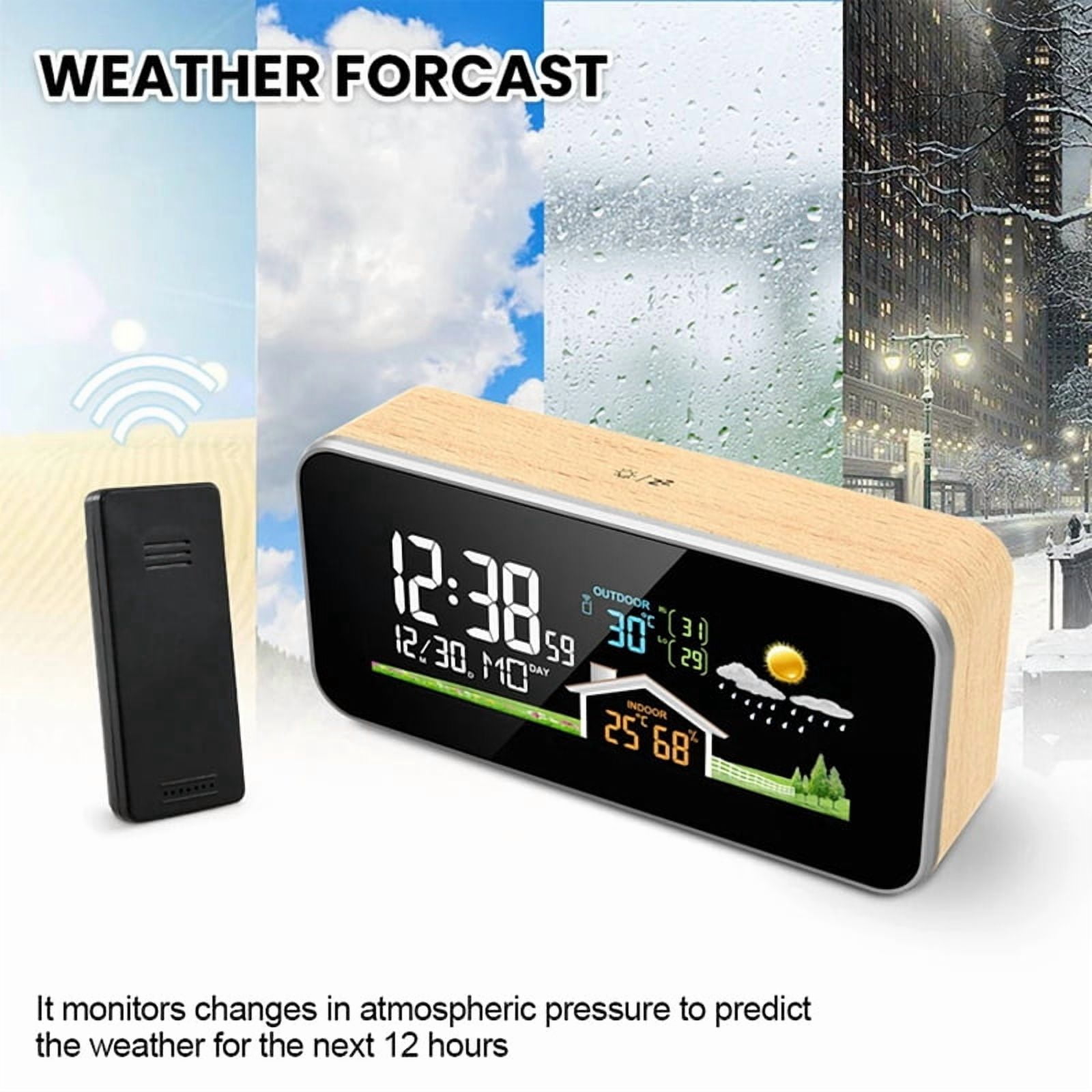 Wireless Weather Station Wooden Alarm Clock Digital Thermometer Humidity Temperature Wireless Sensor Home Desktop Watch