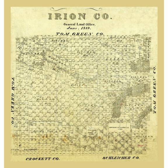 Historic County Map - Irion County Texas - General Land Office 1889 - Vintage Wall Art