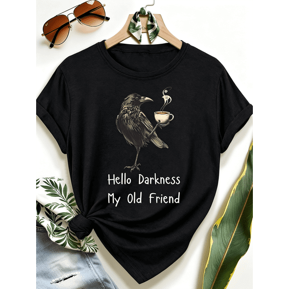 Women's Funny Raven Coffee Lover Graphic T‑Shirt Dark Humor Casual Short Sleeve Tee Top