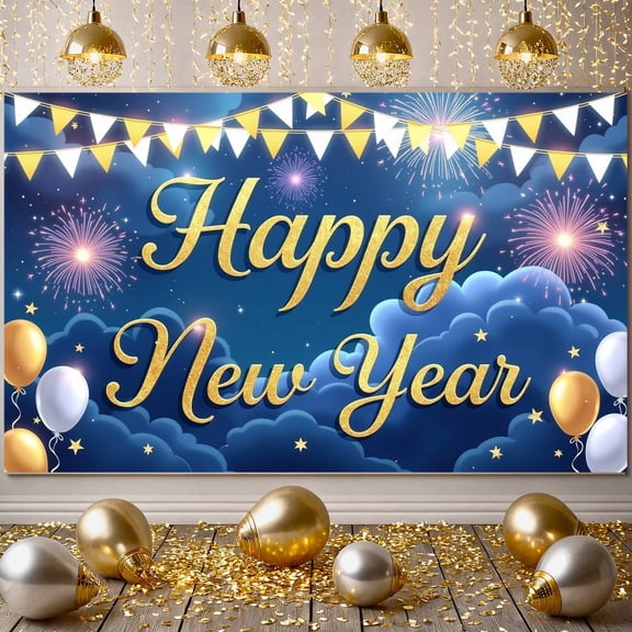 Gold Lettering Happy New Year Banner Fireworks Design Festive Backdrop Balloon Decor Pennant Banner Celebration Background for New Year Party Indoor Decoration Photo Shoot