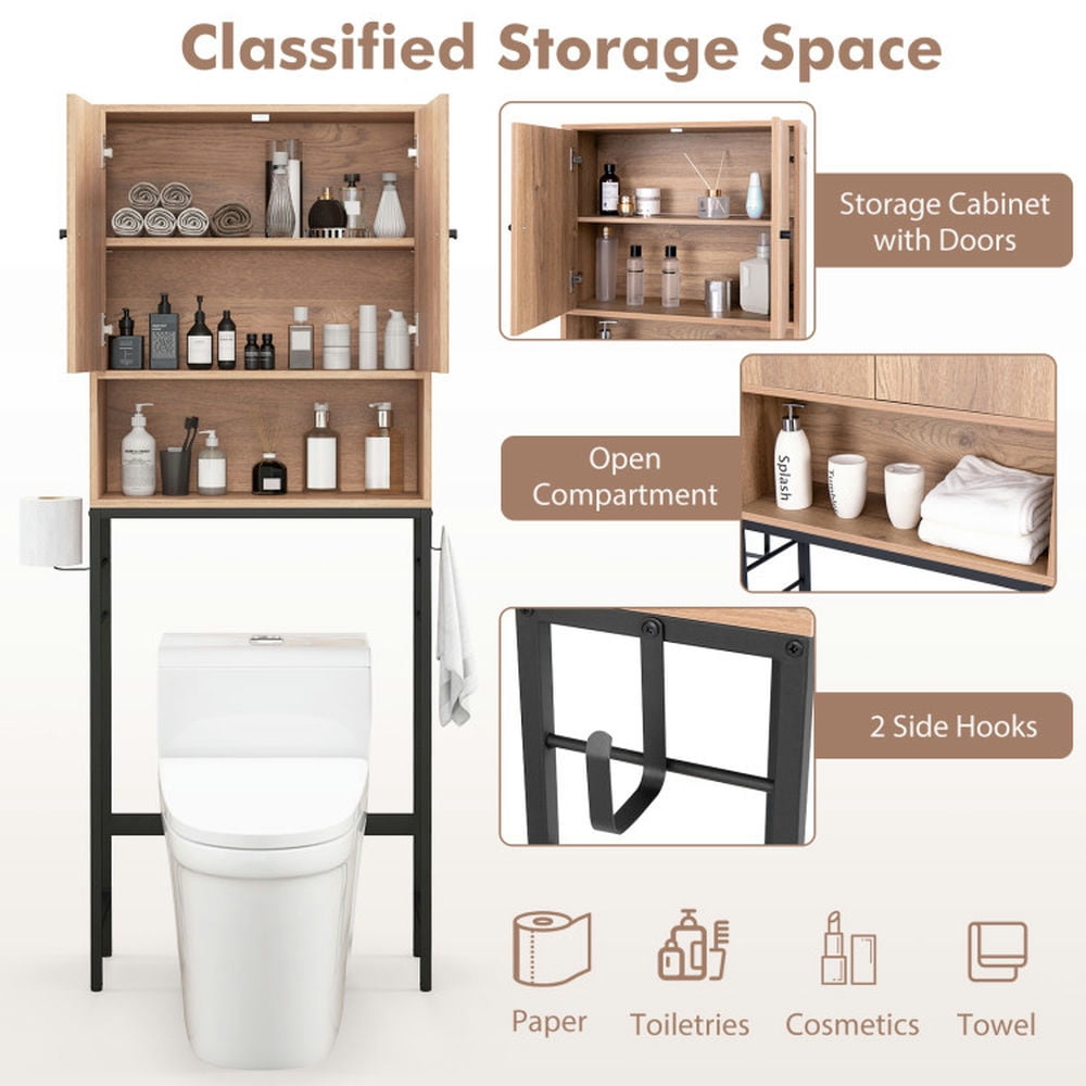 Finihen Toilet Storage Cabinet, Storage Shelf, Over The Toilet Storage Cabinet with 2 Doors and Adjustable Shelf, for Bathroom, Natural
