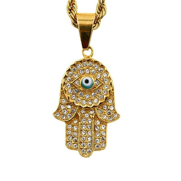 Turkish Evil Eye Hamsa Hand of Fatima Pendant Necklace 14K Yellow Gold Iced Out Chains For Women Men Hip Hop Jewelry