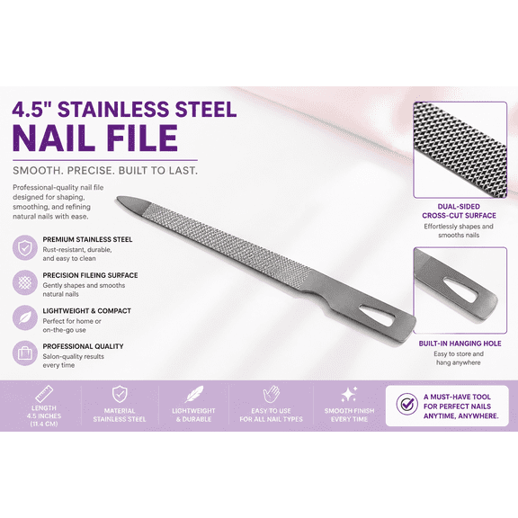 4.5 Inch Stainless Steel Triple Cut Nail File for Fingernails, Toenails, Scraping, Strengthening, Three (3) Pack