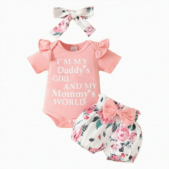 KPOPLK Baby Girl Summer Clothes I’m New Here Going Home Outfit Ruffle Ribbed Romper Tops Floral Shorts Set Headband cow print outfit(6-9 Months,Pink)