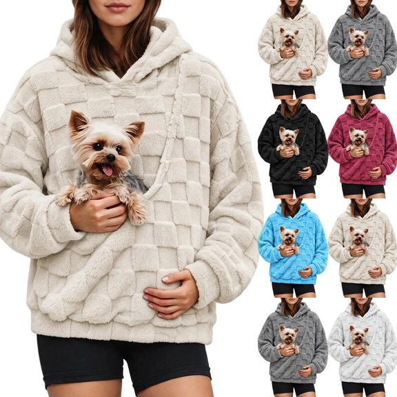 Oversized Unisex Fleece Pet Pouch Hoodie, Long Sleeve Pullover Sweater with Front Carry Pouch for Small Pets